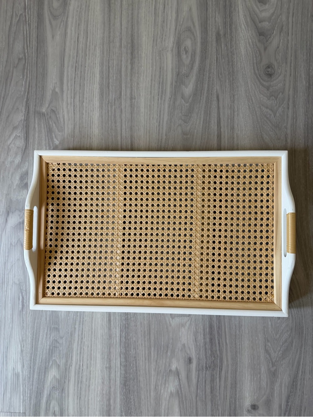 Woven Cane Serving Tray with White Frame